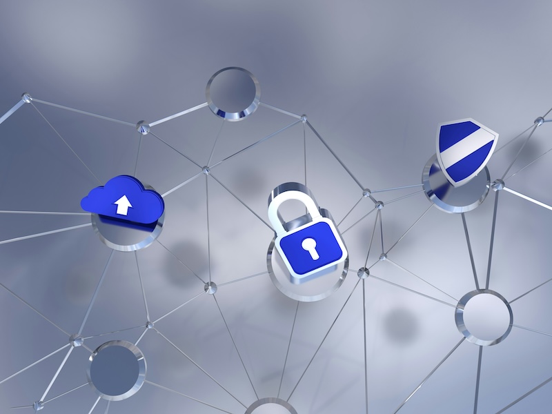 Digital network nodes linked to a cloud icon, padlock, and security shield, symbolizing interGen's multi-layered website security.