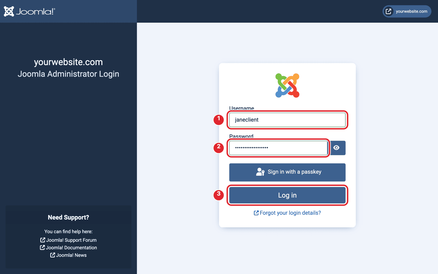 Joomla administrator login screen with the Username field, Password field and Log in button circled