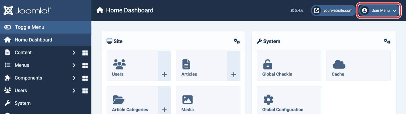 Joomla dashboard header with the User Menu button circled