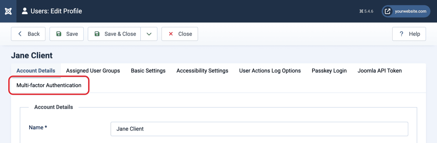 Edit Profile screen with the Multi-factor Authentication tab circled
