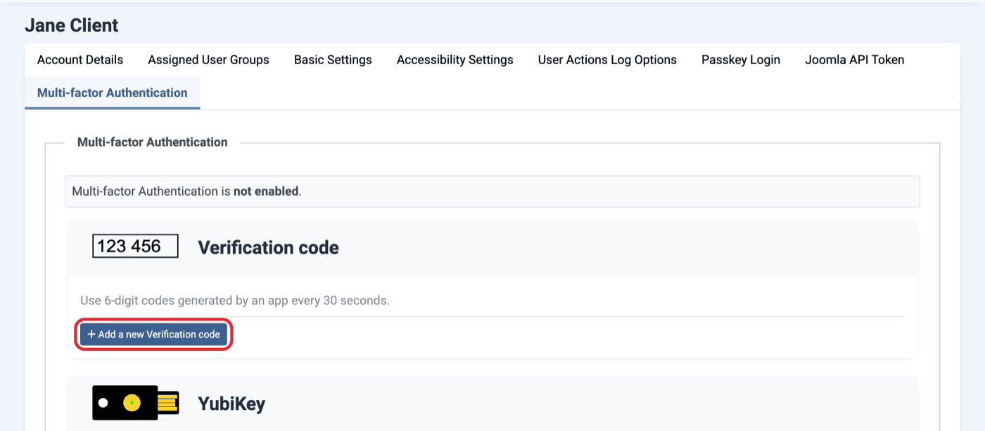 Multi-factor Authentication tab with the Add a new Verification code button circled