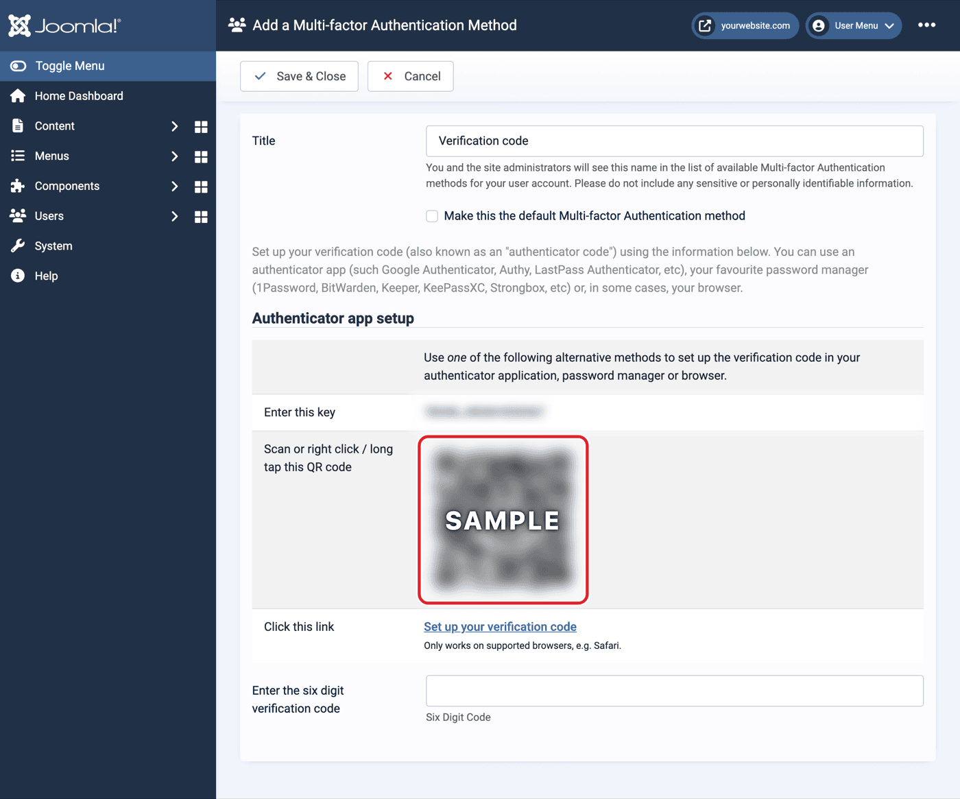 Add a Multi-factor Authentication Method screen with the QR code circled