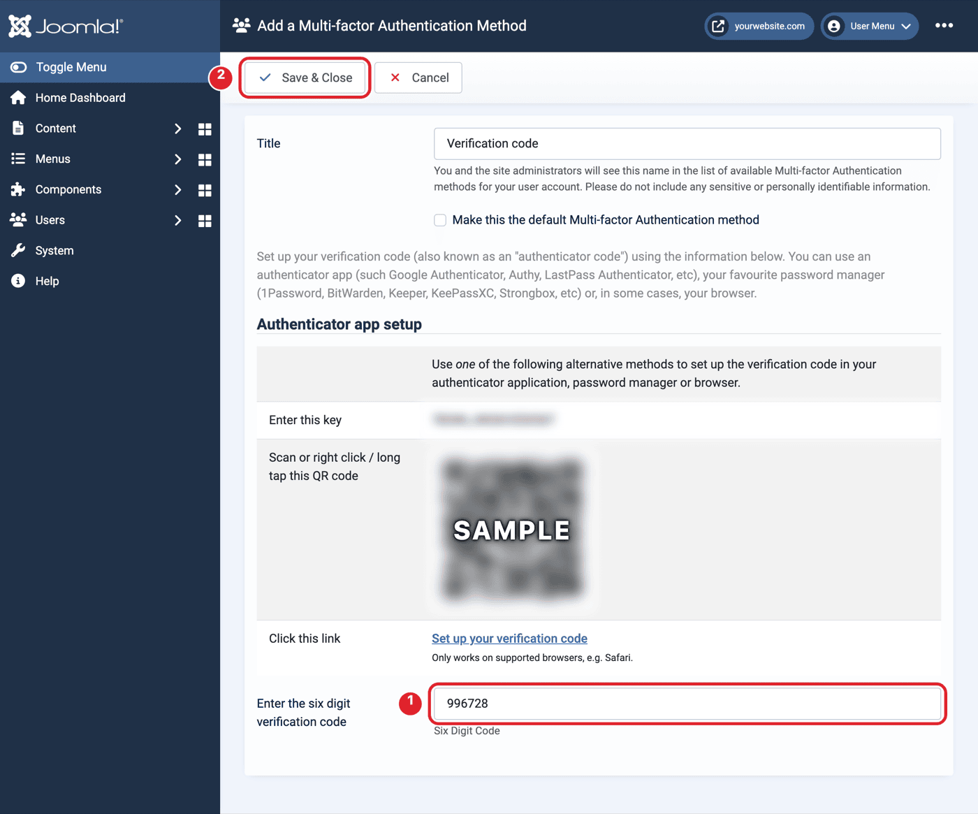 Verification code setup screen with the six digit code field marked 1 and the Save and Close button marked 2