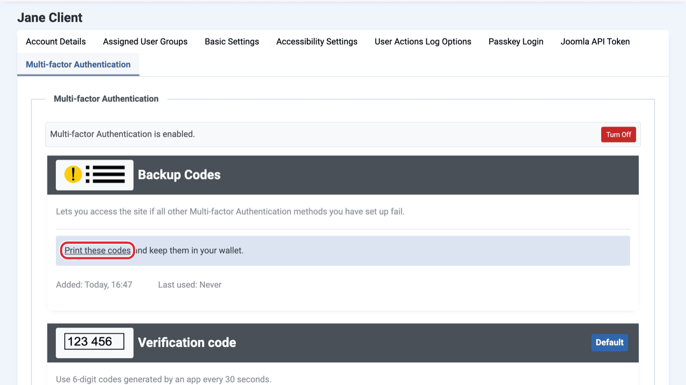 Multi-factor Authentication tab showing MFA is enabled, with the Print these codes link circled