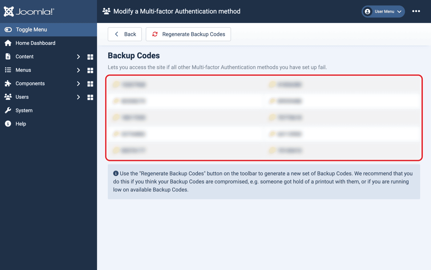 Backup Codes screen with the list of ten backup codes circled