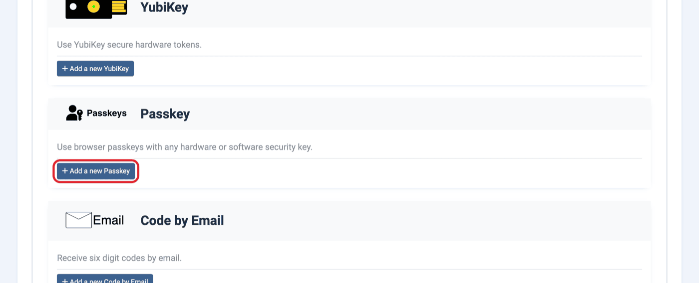 Multi-factor Authentication tab with the Add a new Passkey button circled