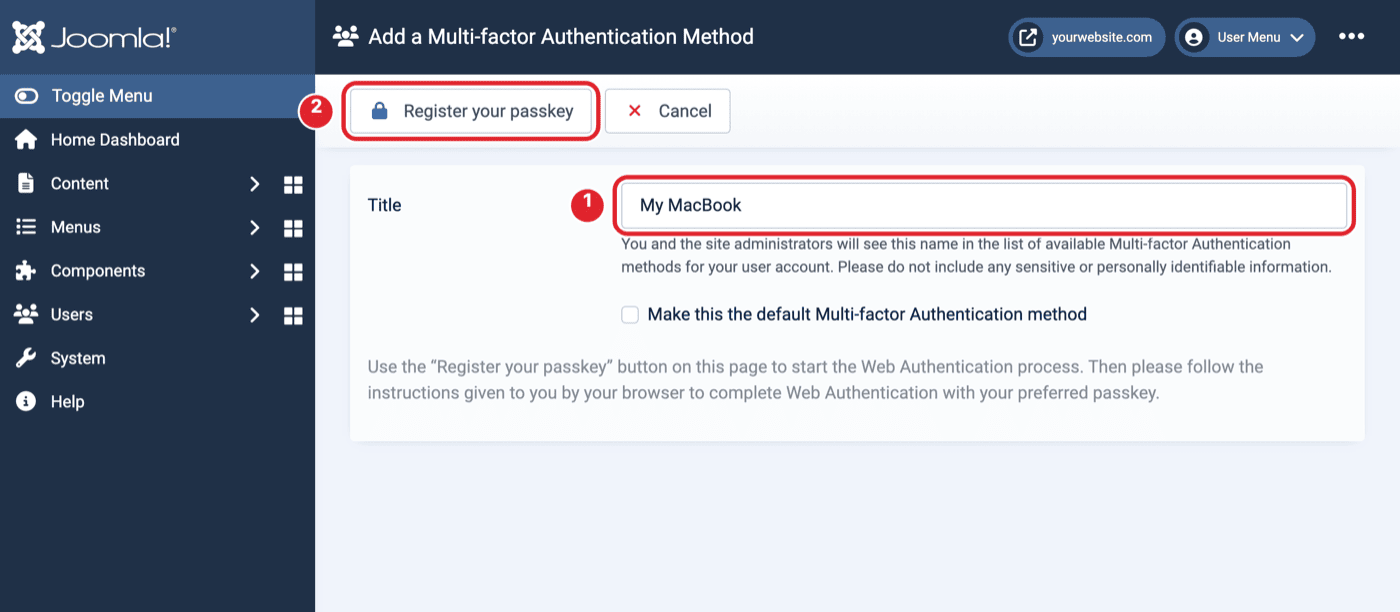 Add passkey screen with the Title field marked 1 and the Register your passkey button marked 2