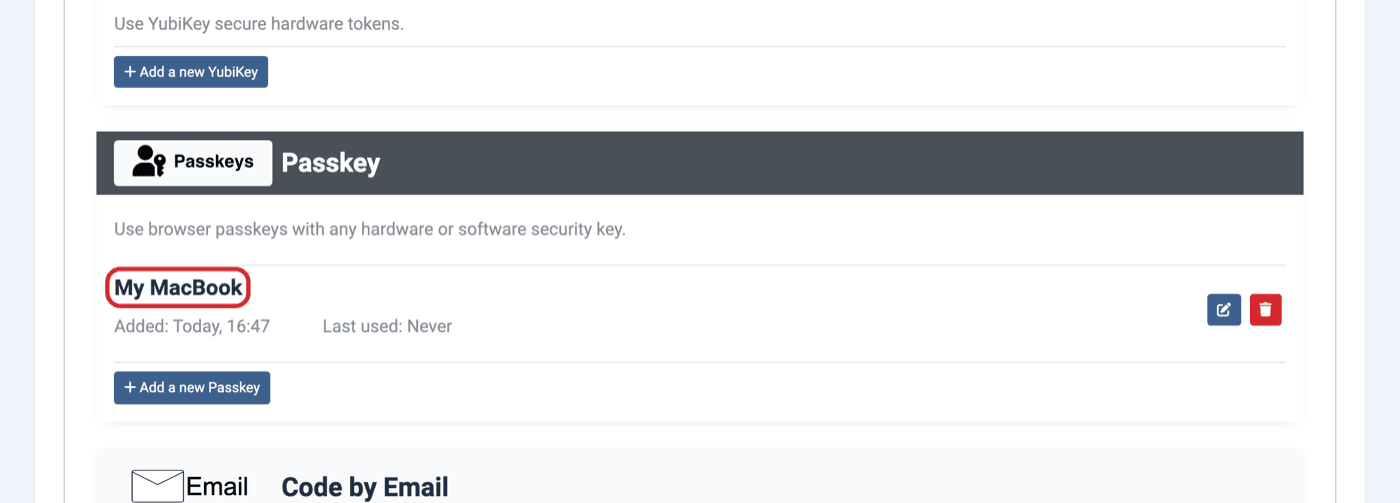 Passkey section showing the new passkey named My MacBook circled
