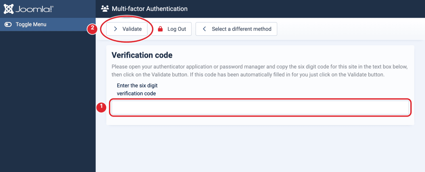 Multi-factor Authentication login screen with the code field marked 1 and the Validate button marked 2