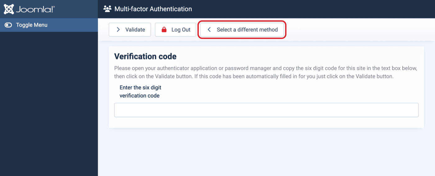 Multi-factor Authentication login screen with the Select a different method button circled