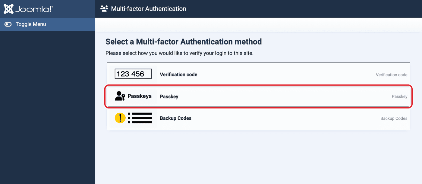 Select a Multi-factor Authentication method screen with Passkey circled